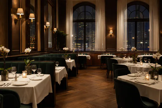 Sala restauracyjna z białymi obrusami i zielonymi kanapami